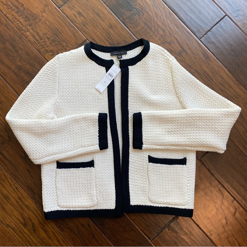Chic White and Black Knit Sweater Jacket